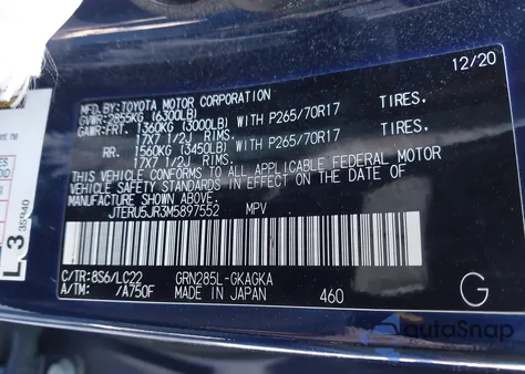 2021 Toyota 4Runner Trd Off Road Premium из США, поврежденный, VIN JTERU5JR3M5897552